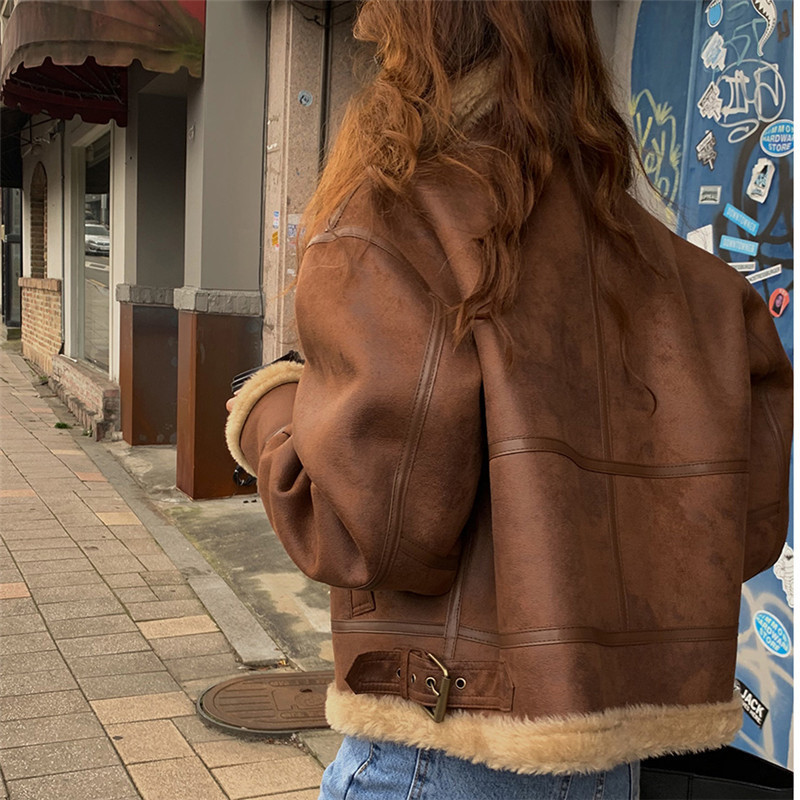Women's Jackets Winter Lamb Fur Coat Deerskin Brown Integrated Motorcycle Suit Loose Street Retro Women 230324