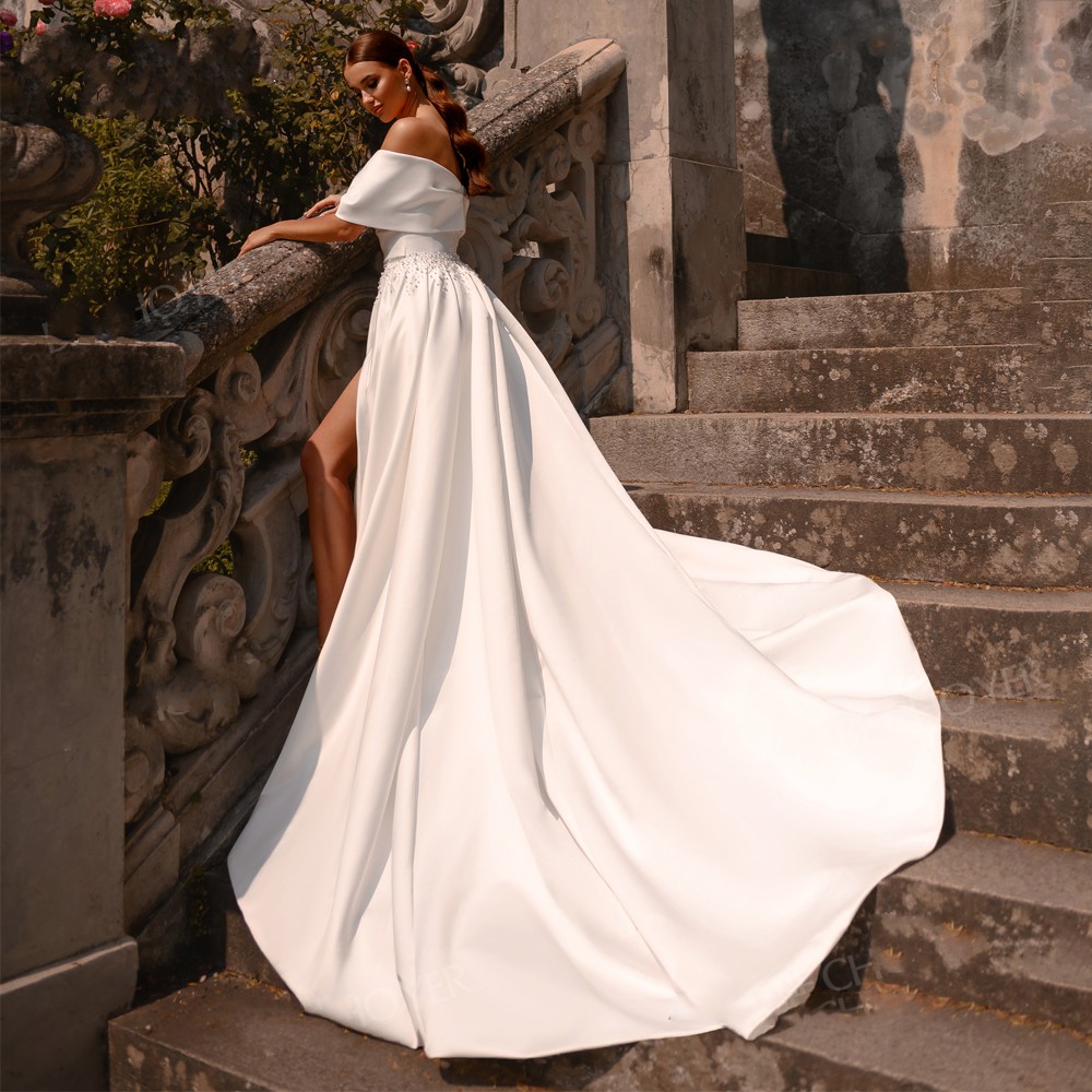 New Wedding Dress Satin Pearls A-Line Off Shoulder Bride Gown for Women 2023 Court Train Princess Vestido de Noiva