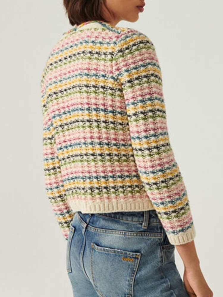 Women's Knits Tees Autumn Winter Women Rainbow Stripes Sweet Sweater Wool Blends Single Breasted Female Round Neck Knit Cardigan 230324