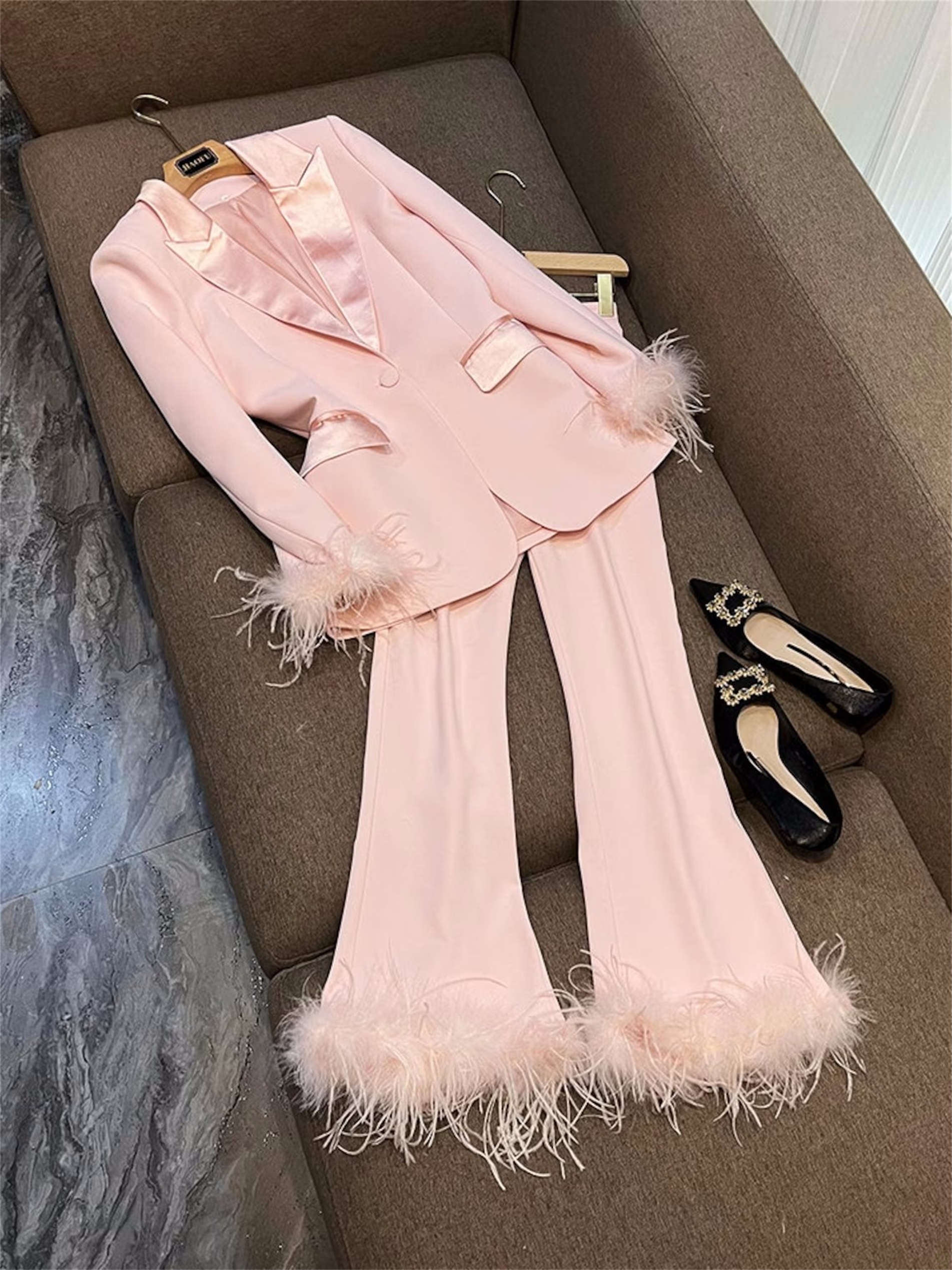 Pink Tailored Women Pants Suits Ostrich Feather Celebrity Lady Customization Prom Formal Guest Wear For Wedding 2 Pieces