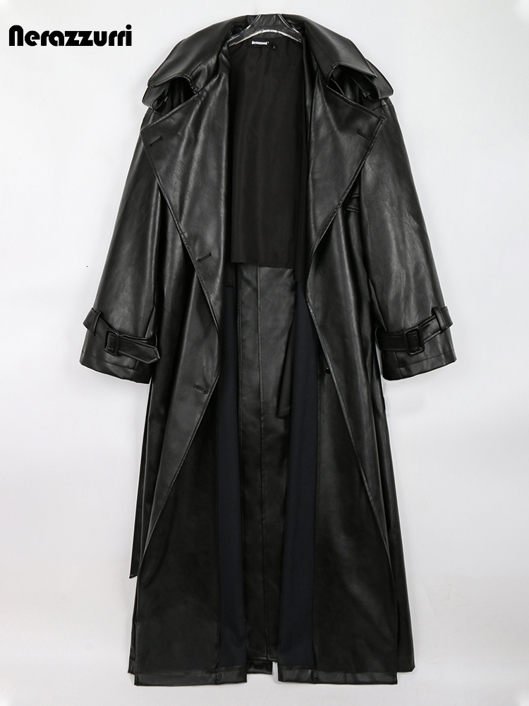 Women's Jackets Nerazzurri Spring Autumn Long Oversized Black Pu Leather Trench Coat for Women Belt Double Breasted Loose Casual Korean Fashion 2