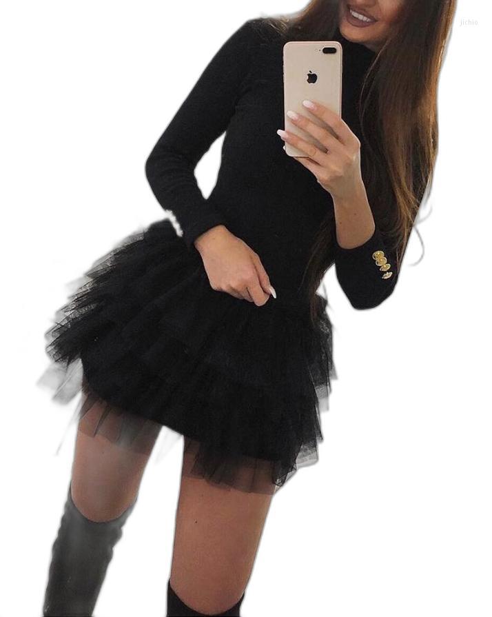 Casual Dresses For Women 2023 Fashion Layered Ruffles Mesh Round Neck Long Sleeve Party Mini Evening Skinny Dress