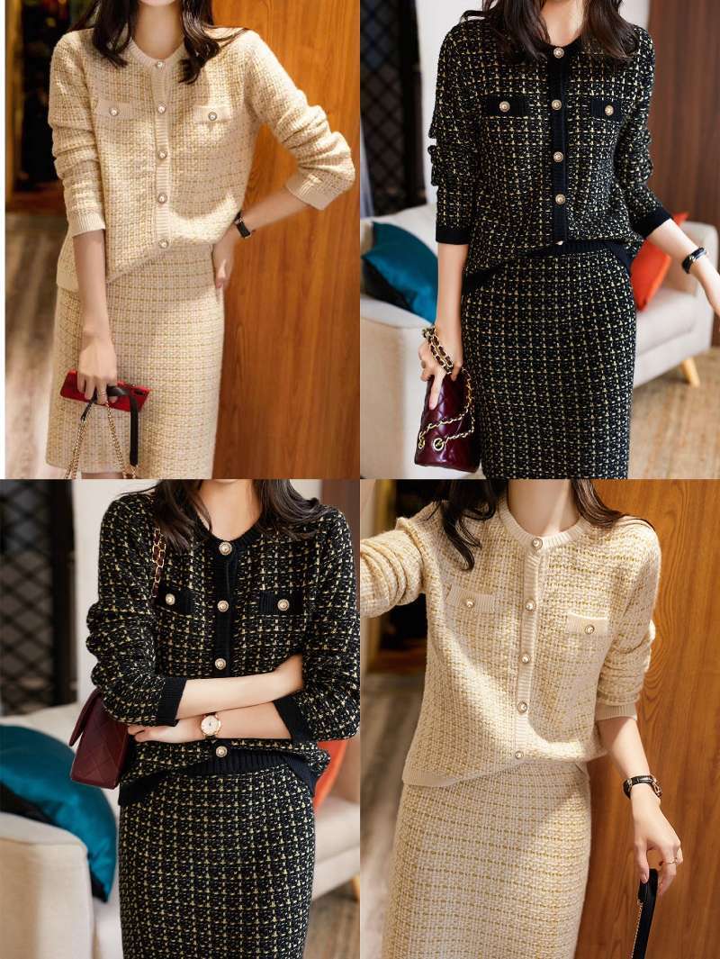 Women's Knits Tees Herstory Suit Autumn Temperament Cardigan Slim Bag Skirt And Knitted Twopiece 230324