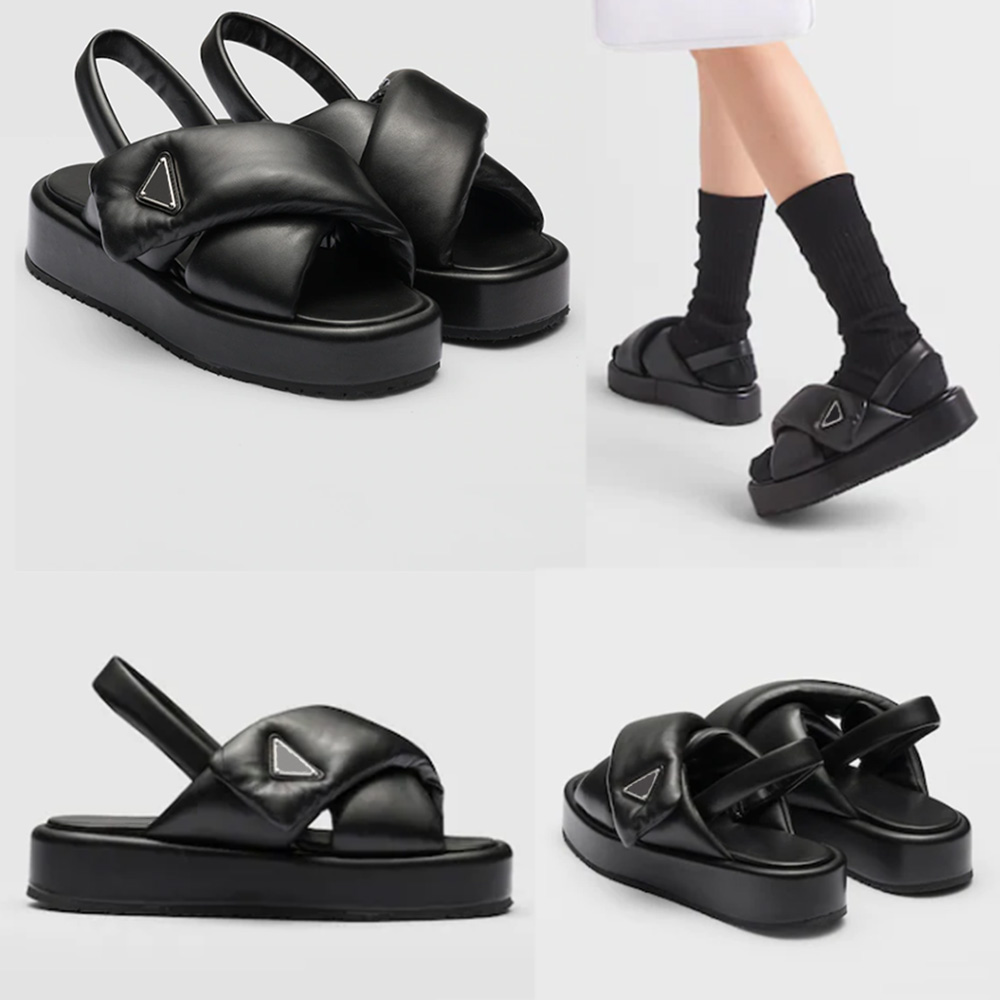 Image of Soft padded nappas leather wedgen sandals Z758 Enameled metal triangle logo Rubber monobloc sole with hot stamped logo womens designer sanda