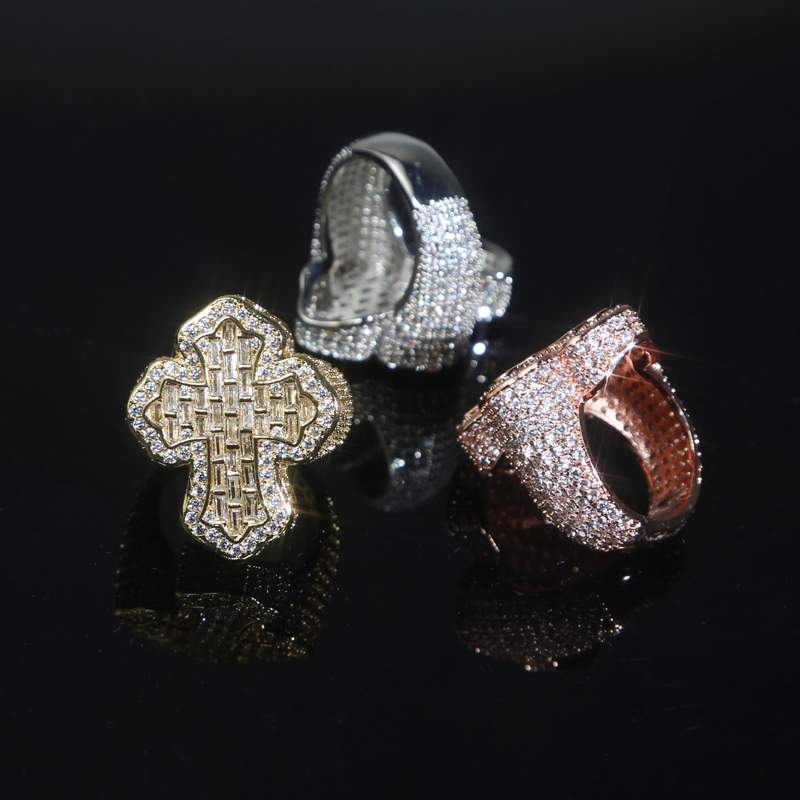New Arrive Cross Finger Ring Iced Out Cubic Zircon Prong Setting Cz Fashion Luxulry Men Boy Hip Hop Jewelry