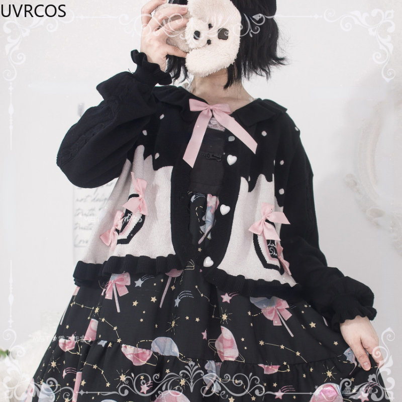 Women's Knits Tees Japan Sweet Lolita Style Knitted Cardigan Women Kawaii O Neck Heart Shaped Button Sweaters Coat Cute Puff Long Sleeve Outerwea
