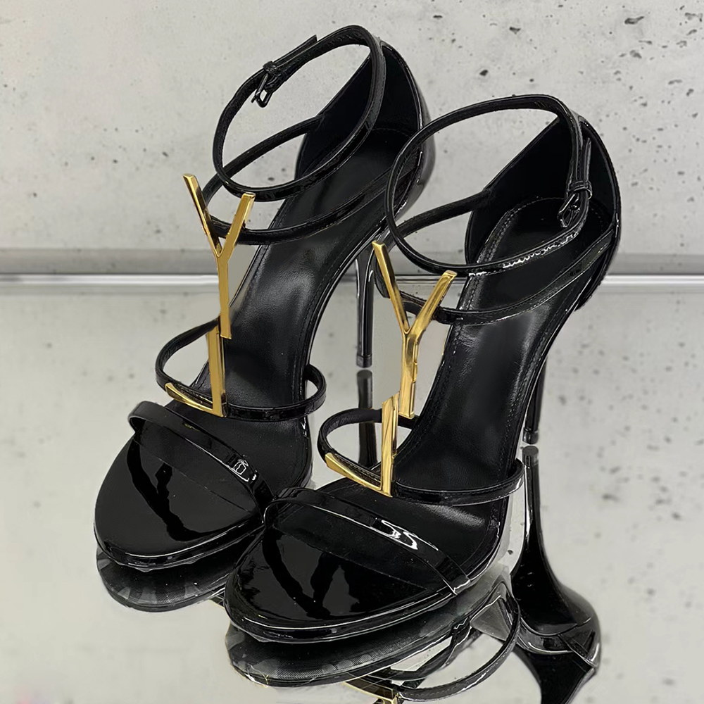 Women Dress Shoes Classics Metallic letter Stiletto sandal Designer Patent Leather Gold Tone Triple Fashion Ankle band Sandals Party Wedding Office Evening shoes