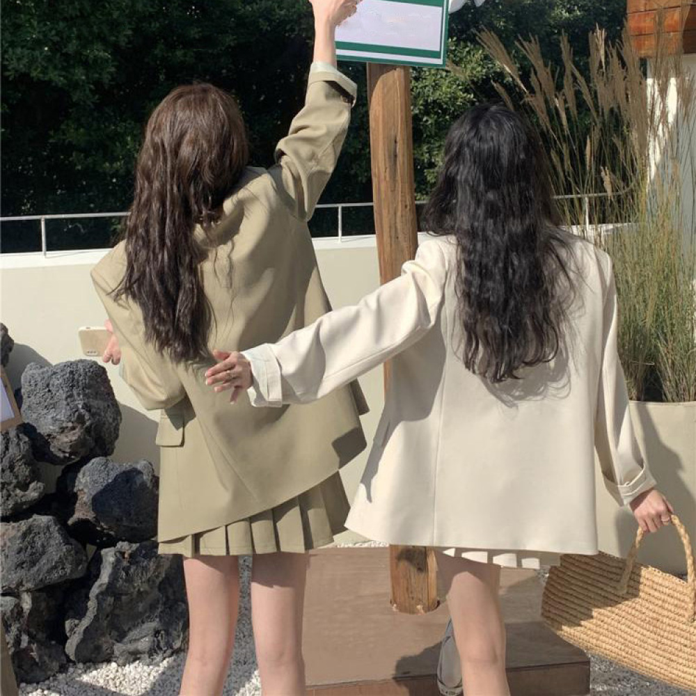 Two Piece Dres's Spring Blazer 2 Pieces Sets Korea Style Single Breasted Jacket Top High Waist Mini Pleated Skirts Suits 230324