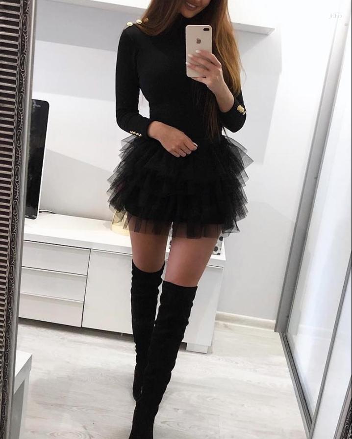 Casual Dresses For Women 2023 Fashion Layered Ruffles Mesh Round Neck Long Sleeve Party Mini Evening Skinny Dress