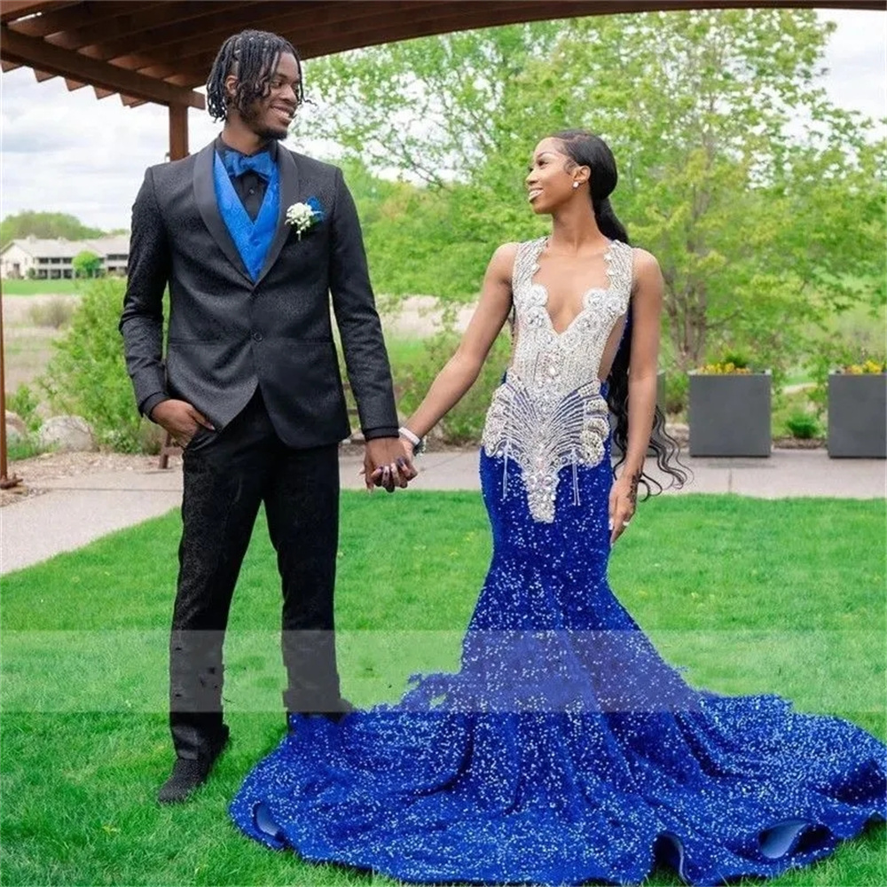 Sparkle Royal Blue Sequin Prom Dress 2023 For Black Girls Elegant Mermaid Crystal Evening Gown Sleeveless Plus Size Formal Party Recepiton Pageant Spe