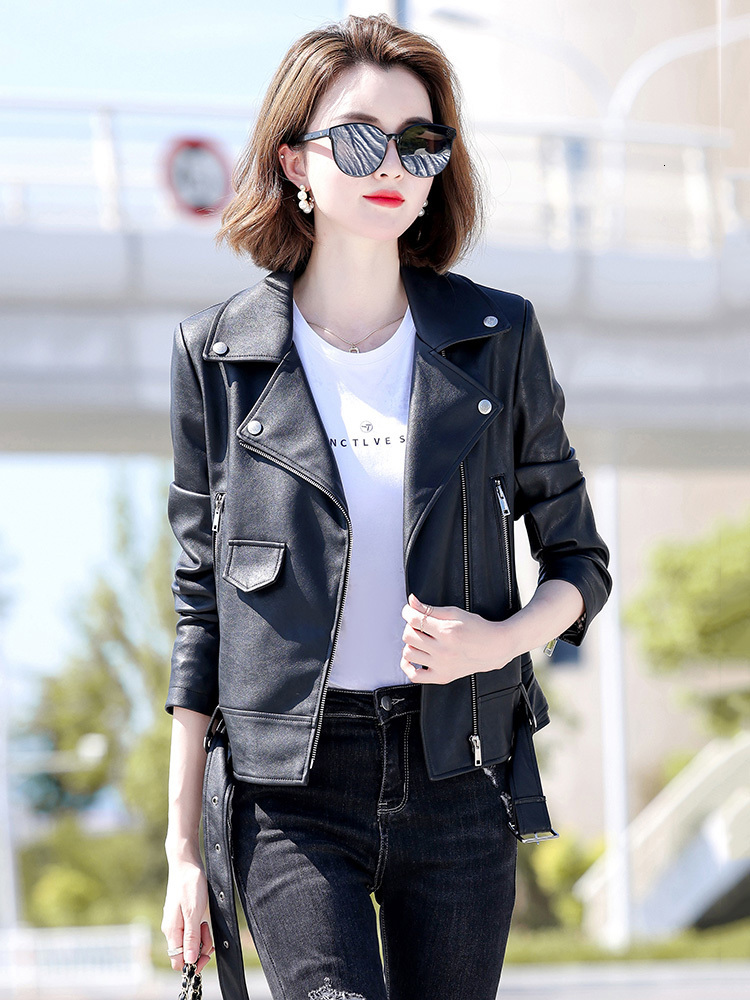 Women's Jackets Women Biker Leather Spring Autumn Fashion Cool Motor Style Suit Collar Sheepskin Short Coat Slim Split 230324