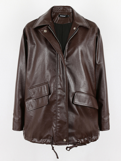 Women's Jackets Lautaro Spring Autumn Oversized Casual Waterproof Black Soft Pu Leather Jacket Women with Drop Shoulder Long Sleeve Fashion 23032
