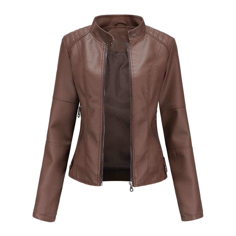 Women's Jackets Leather Women 2023 Autumn Spring Moto Biker Zipper Red Black Apricot Coffee Coat Ladies Outerwear Brown 230324