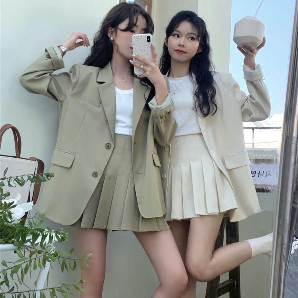 Two Piece Dres's Spring Blazer 2 Pieces Sets Korea Style Single Breasted Jacket Top High Waist Mini Pleated Skirts Suits 230324