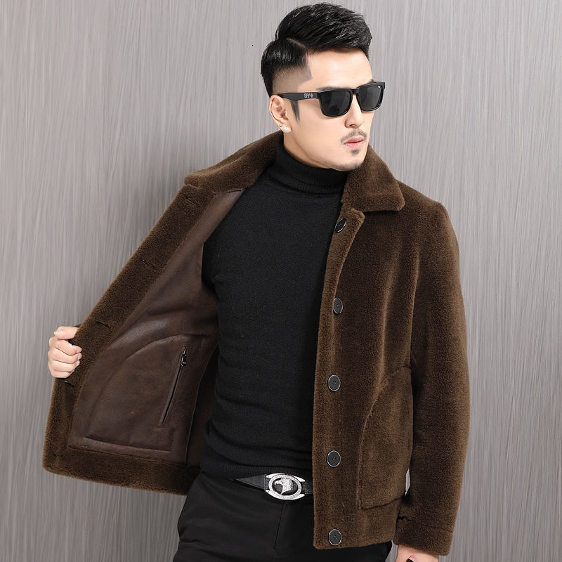 Men's Leather Faux Winter Fur Woolen Coat Men Turn Down Collar Button Fashion Warm Casual Jacket Outwear Thickening Overcoat 230324