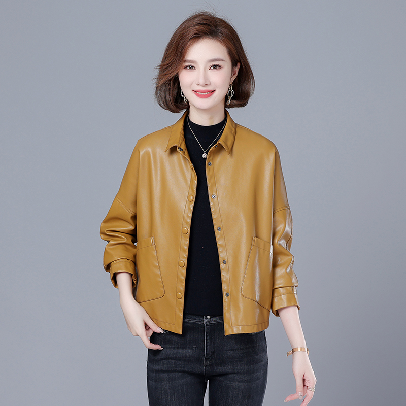 Women's Jackets chic Women PU leather blouses 2023 Spring Autumn Black Faux Leather Basic Coat Turndown Collar Motor Biker Jacket 230324