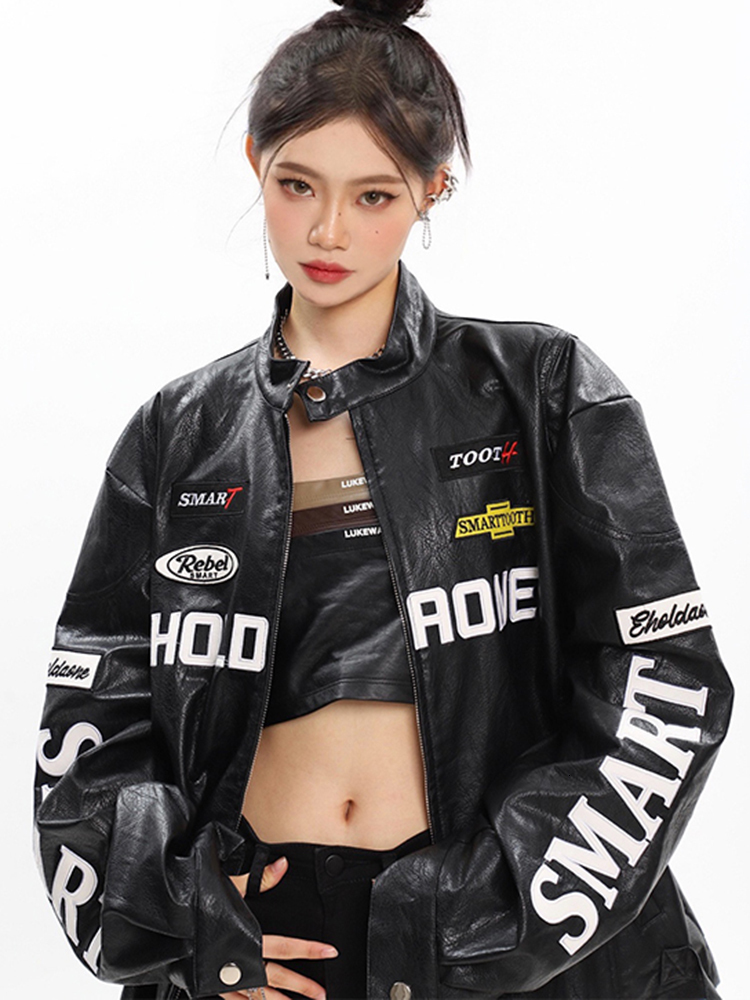 Women's Jackets SHENGPALAE Leather Coats American Vintage Loose Lettered Moto Bike Jacket 2023 Spring Zipper Long Sleeve Overcoat 5R857 230324