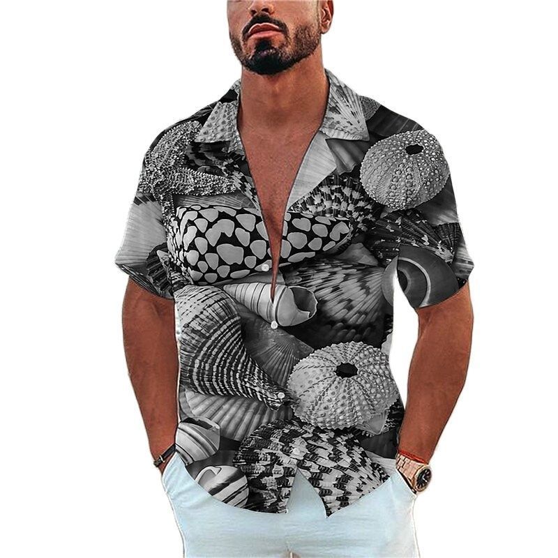 Mens Casual Shirts Marine Life Printing Tees Beach Vacation Style Hawaiian Fashion Lapel Single-Breasted Leisure Short SleeveTops