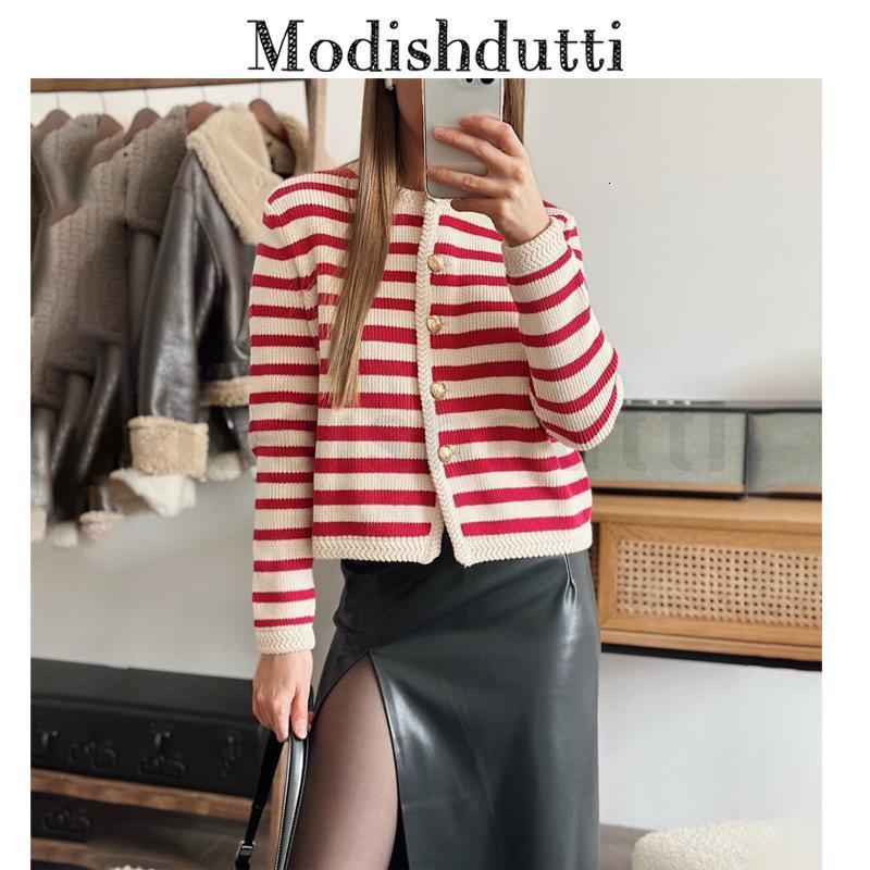 Women's Knits Tees Modishdutti 2023 High Quality Spring Women Fashion Red Striped Knitted Sweater Cardigans Female Casual Chic Button Tops Ladies