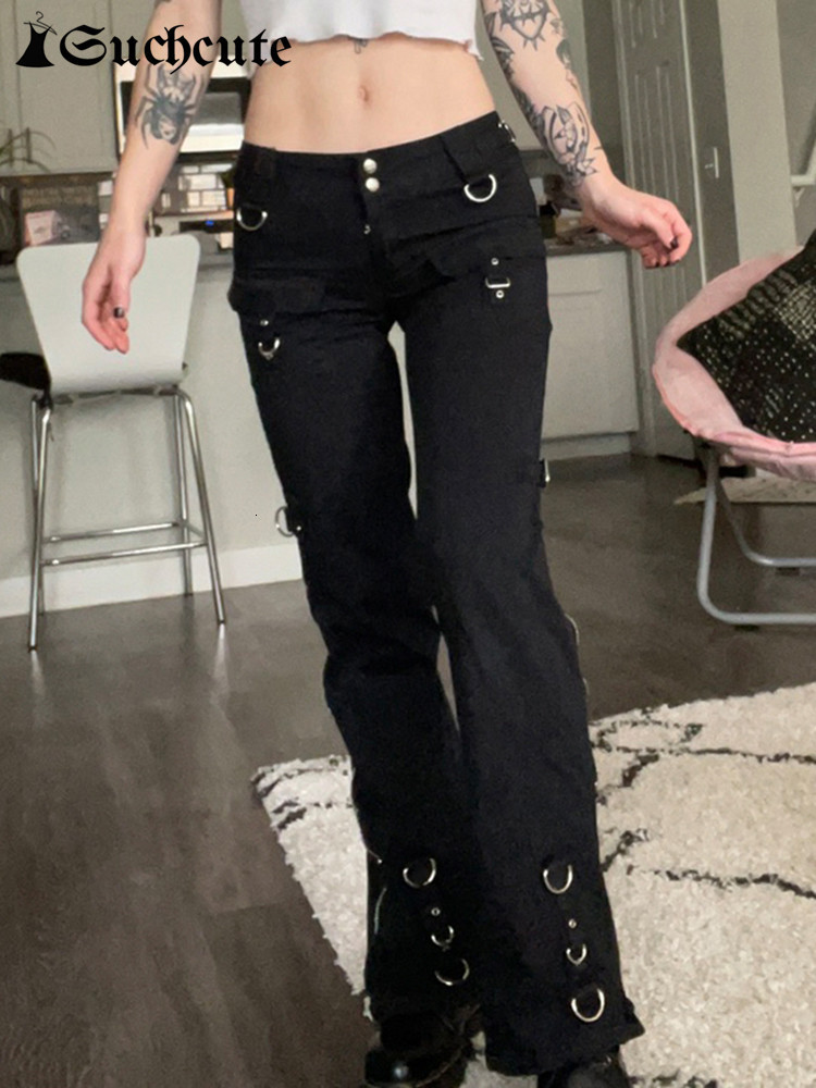 Women's Jeans SUCHCUTE Punk Rivets Zipper Black Straight Gothic Low Waist Women Denim Trousers Aesthetic Streetwear Dark Academia Pants 230325