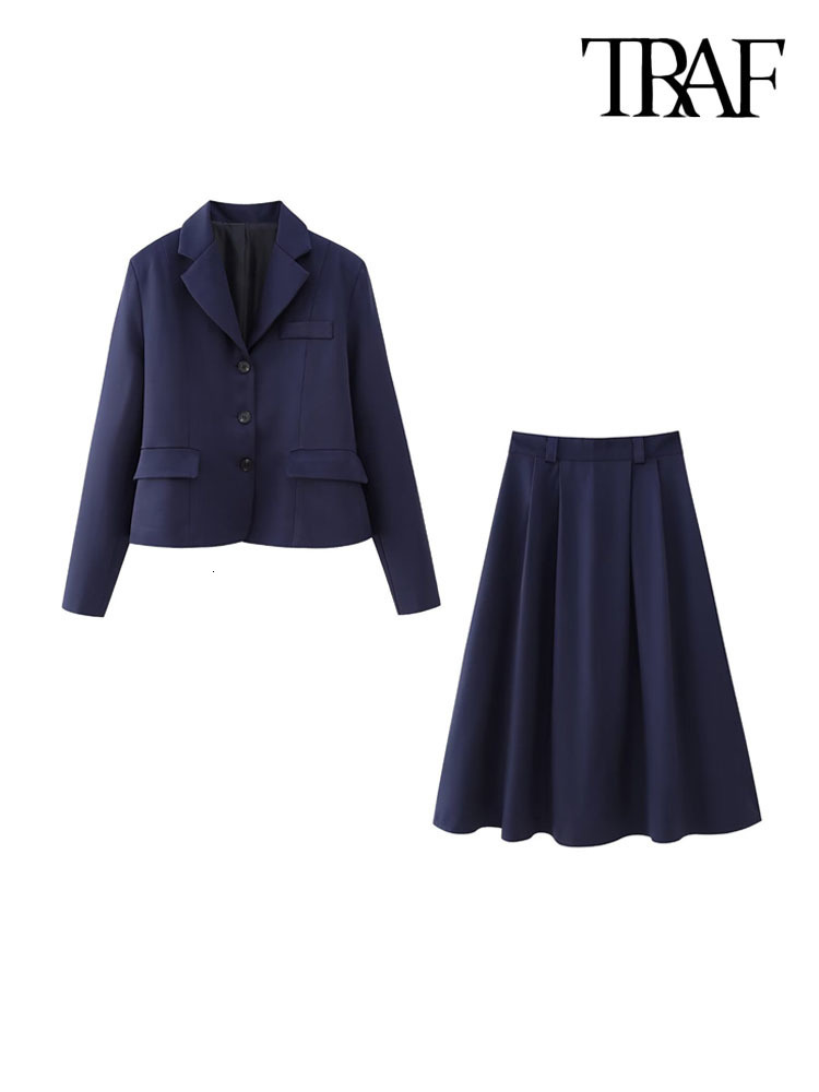 Two Piece Dress TRAF Women Fashion Front Button Blazer Coat And High Waist Back Zipper Pleated Midi Skirt Female Sets Mujer 230324