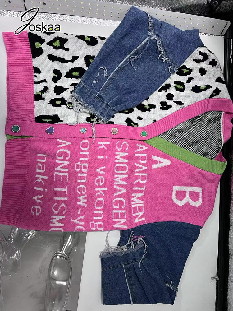 Women's Knits Tees Joskaa Women Knitted Oversized Sweaters 2023 Denim Patchwork Leopard Vneck Long Sleeve Cardigans Coat Female Outwear Streetwea