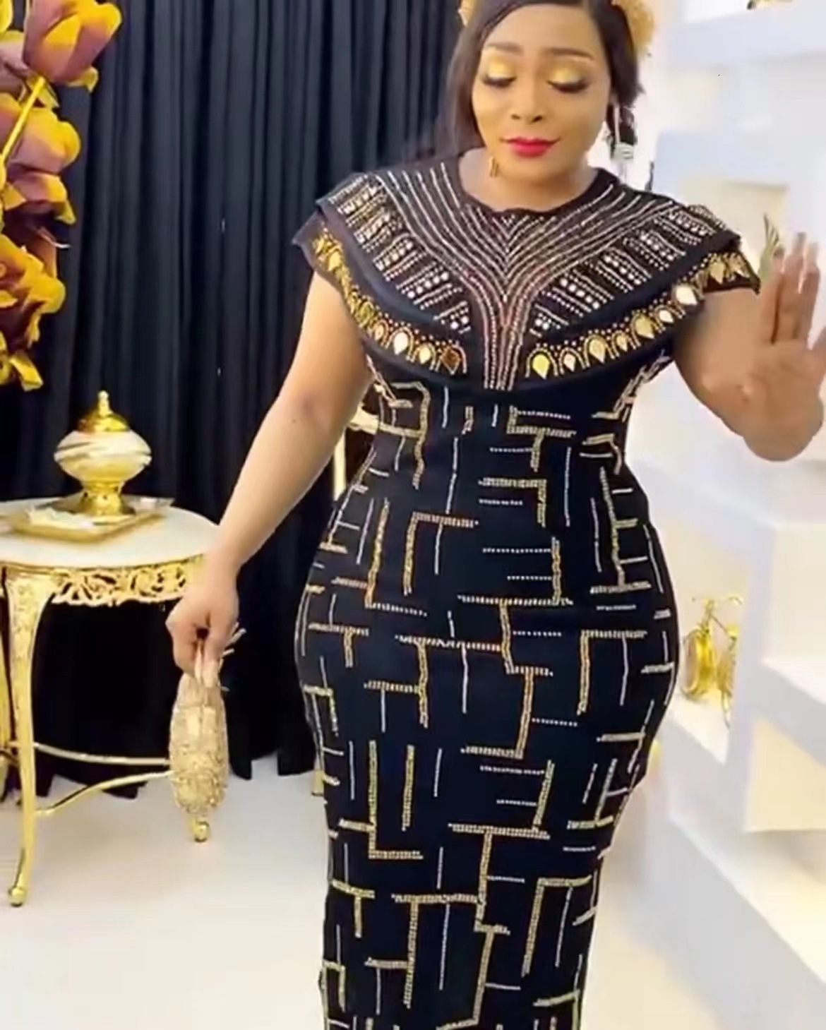 Ethnic Clothing African Dresses For Women Short Sleeve Turkey Sequin Evening Wedding Party Mid-Calf Length Dress Muslim Africa Clothes 230325