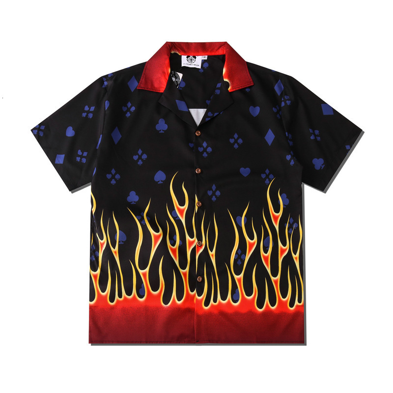 Men's Casual Shirts Clothing Fashion Vintage Flame Print Maglia Short Sleeve Summer Hawaiian Beach Viking Man Shirt 230325