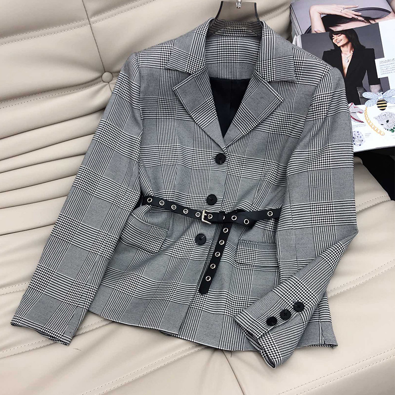 Two Piece Dress 2023 Office Lady 2 Blazer Set Lapel Metal Belt Suit Jackets High Waist Organ Pleated Skirt Grey Plaid Elegent Suits 230324