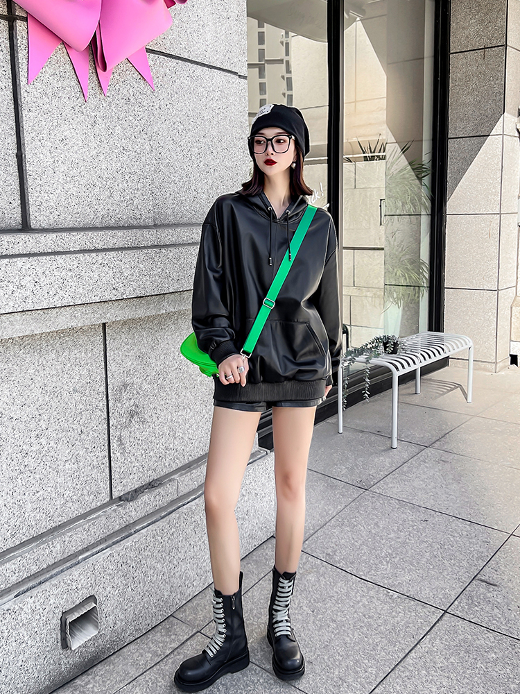 Women's Jackets Spring Autumn Black Long Sleeve Loose Leather Hoodies Man Women Y2k Clothes Pullover Coat Casual Pu MXXXL 230324