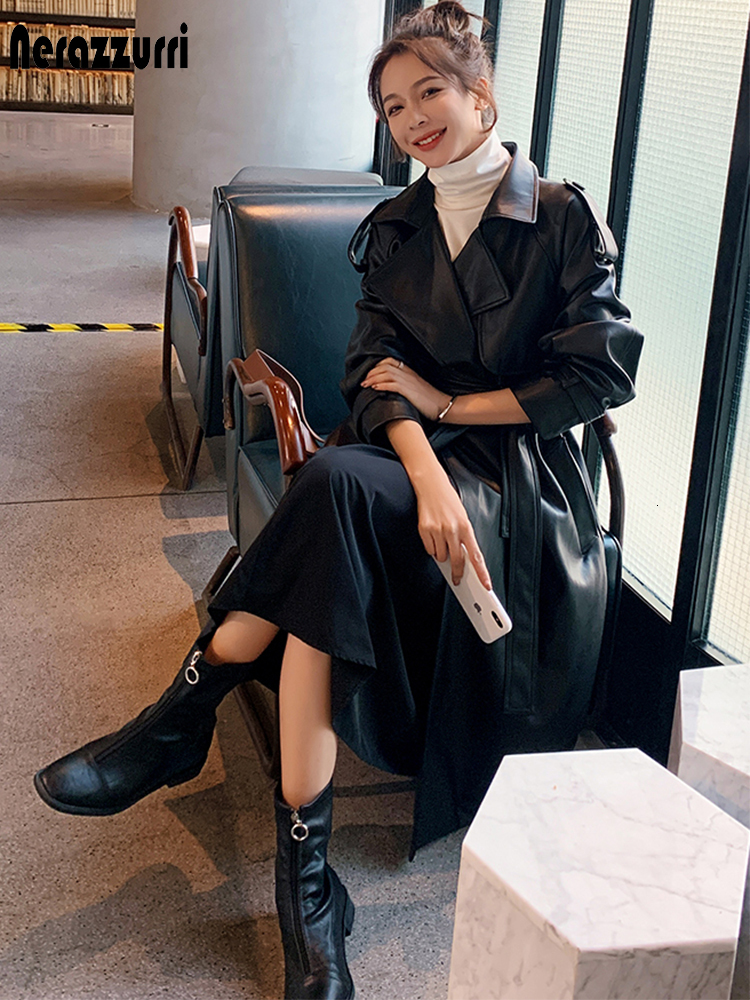 Women's Jackets Nerazzurri Spring Black Oversized Long Waterproof Leather Trench Coat for Women Sleeve Loose Korean Fashion Clothing 230324