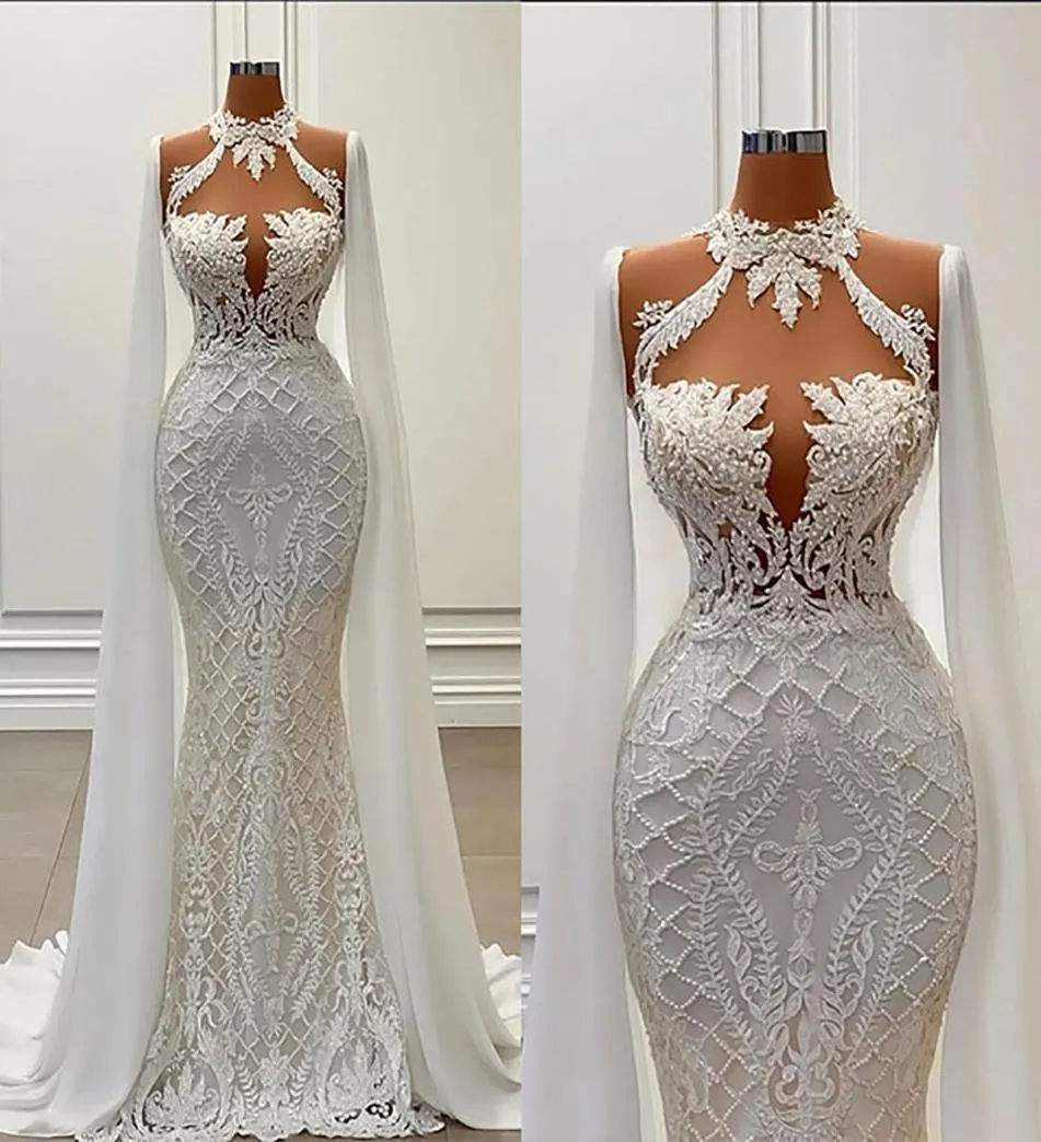Mermaid Wedding Dresses Bridal Gown With Cape Sleeveless Lace Applique Beaded Ruffles High Neck Custom Made Country Plus Size Vestido De Novia
