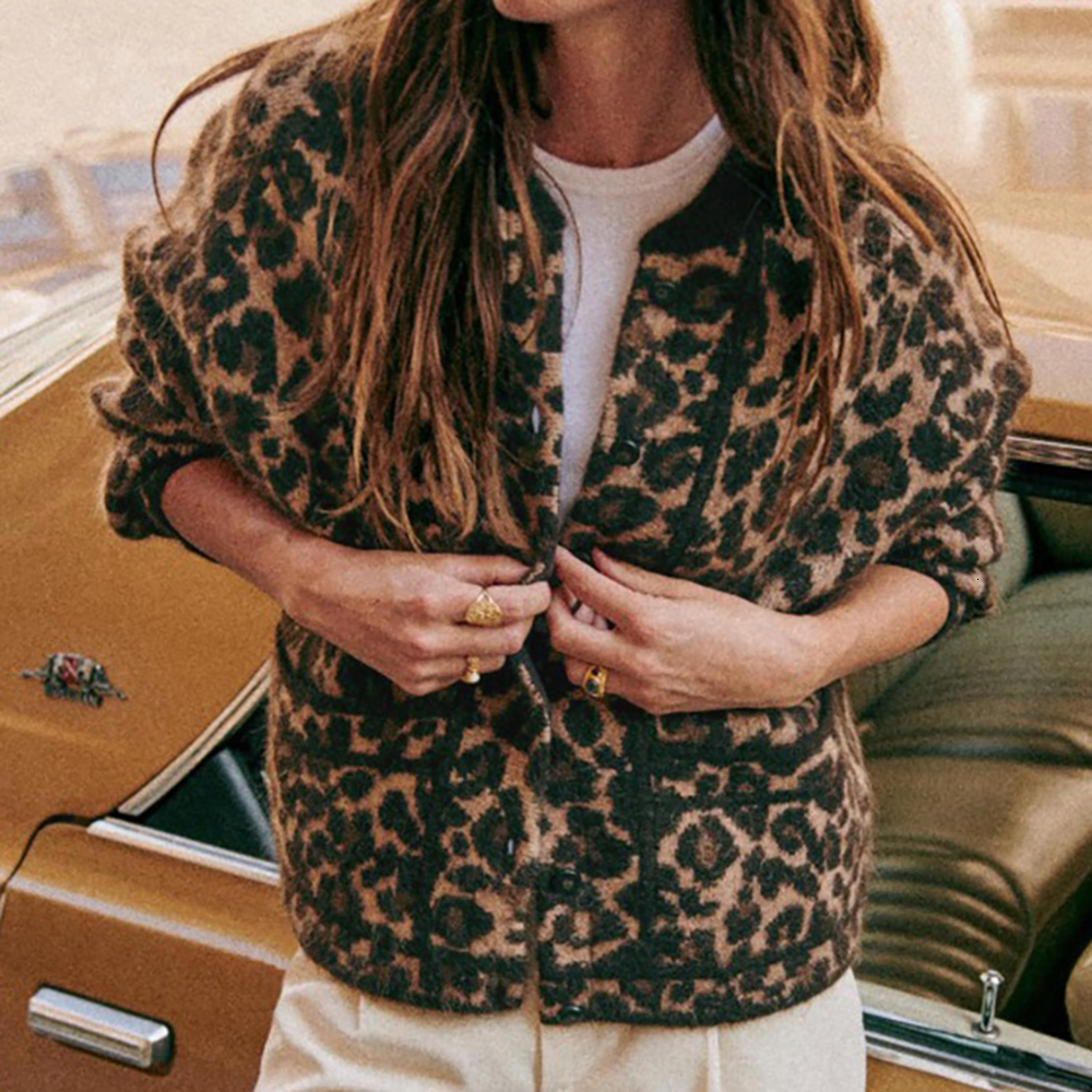 Women's Knits Tees Rowling Mirror Leopard Wool Blend Button Loose Cardigan Sweater Women Spring 2023 O Neck Full Sleeve Knit Female 230324