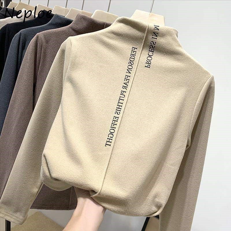 Women's T-Shirt Kuzuwata Warm Bottoming Woman Tshirts Autumn Half High Collar Tees Fashion German Velvet Long Sleeve T-shirt Women Top 230325