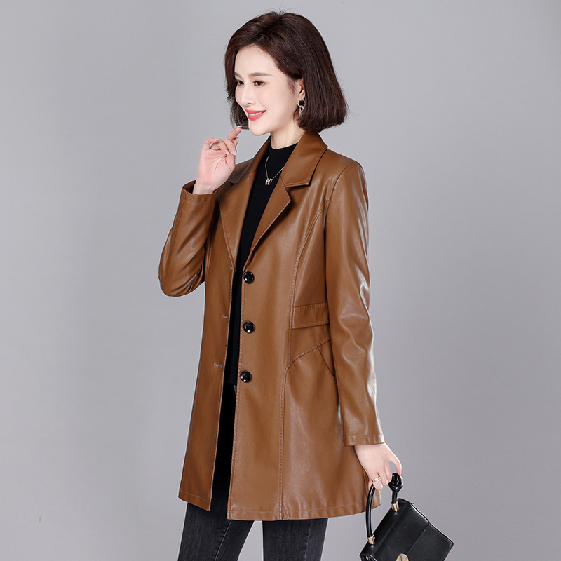 Women's Jacket Fashion Long Coat Spring And Autumn Leather Clothing Slim Single Breasted TurnDown Collar Trench Jackets SWREDMI 230324