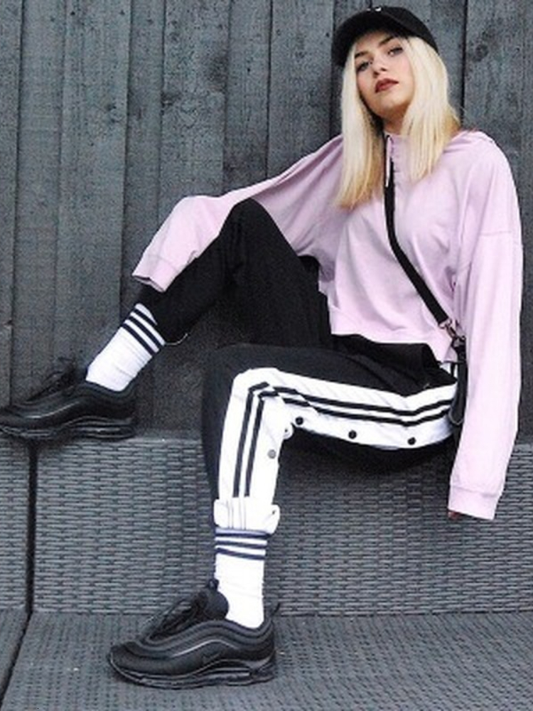 Women's Pants Capris HOUZHOU Women Joggers Sweatpants Casual Wide Leg Pants Female Stripe Hip Hop Sports Streetwear Women Button Trousers Vintage