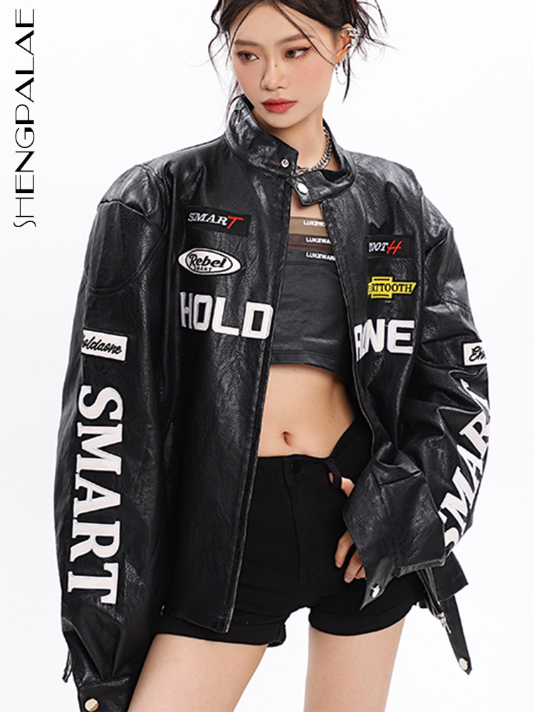 Women's Jackets SHENGPALAE Leather Coats American Vintage Loose Lettered Moto Bike Jacket 2023 Spring Zipper Long Sleeve Overcoat 5R857 230324