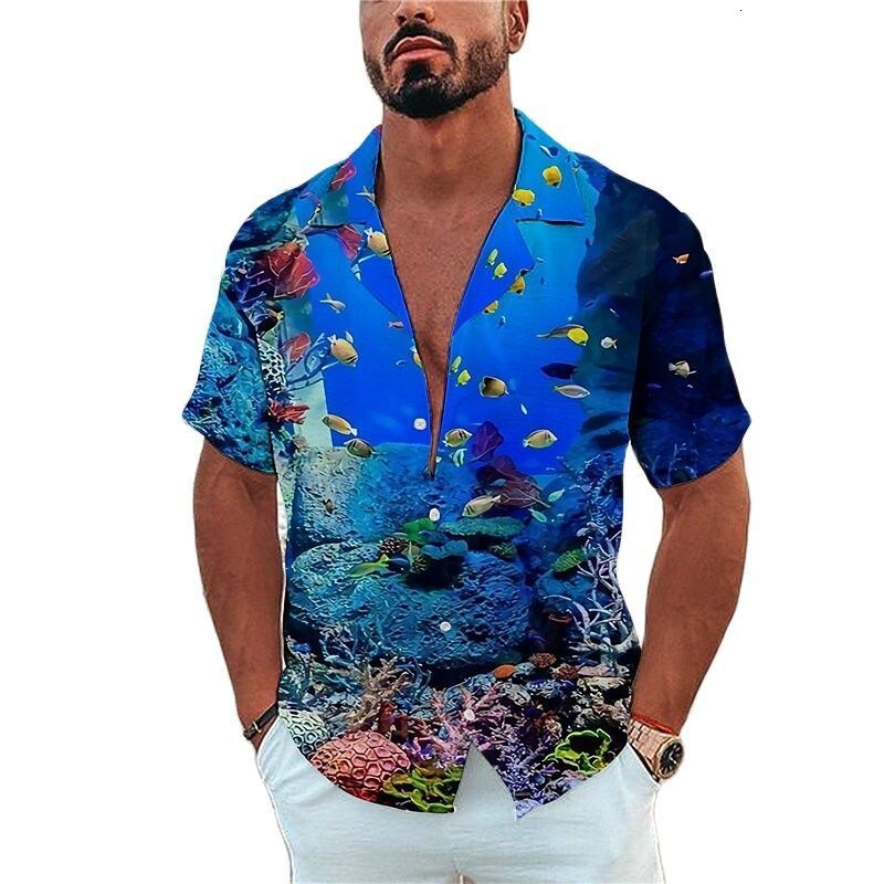 Mens Casual Shirts Marine Life Printing Tees Beach Vacation Style Hawaiian Fashion Lapel Single-Breasted Leisure Short SleeveTops