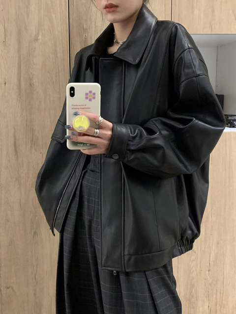 Women's Jackets Lautaro Spring Autumn Cool Retro Casual Oversized Black Waterproof Soft Faux Leather for Women Zipper Elastic Waist 230324