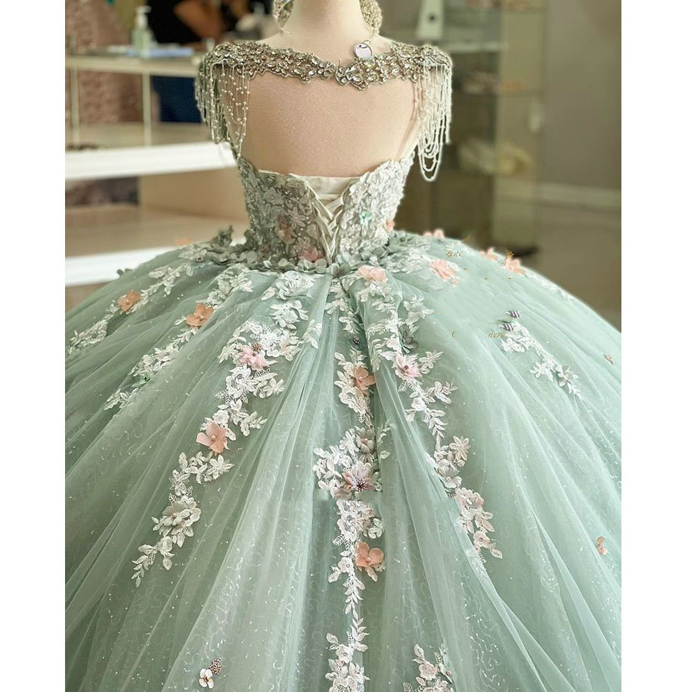 Mint Green 3D Floral Applique Quinceanera Dresses Straps Beaded Long Tulle Ball Gown Lace Princess Sweet 15 Special Dress Corset Party Prom Ball Gown 