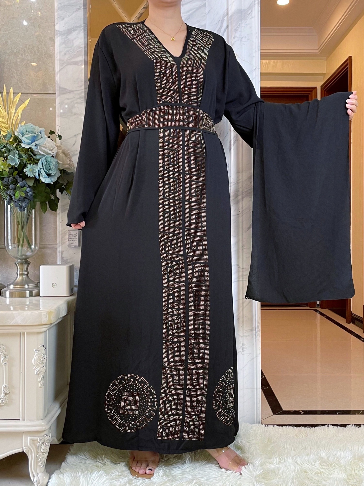 Ethnic Clothing African Autumn Abaya For Women Dubai Islamic Dress Black Diamonds Long Sleeve Arab Muslim Evening Dress Party Clothing 230325