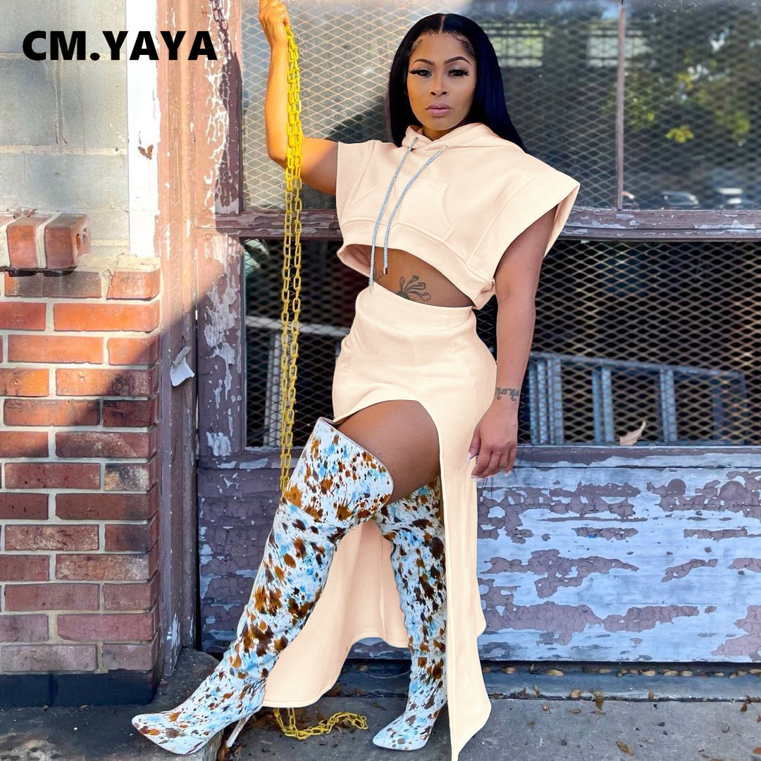 Two Piece Dress CM.YAYA Street Basic Women's Set Flare Sleeve Hooded Tops and High Side Maxi Skirts Suit Matching 2 Outfits 230325