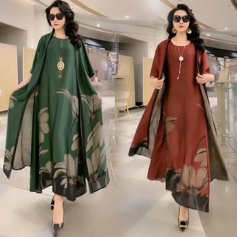 Two Piece Dress Middle Aged Mother Suit Summer Casual Fashion Printing Suits Long Women Temperament Sets 729 230325
