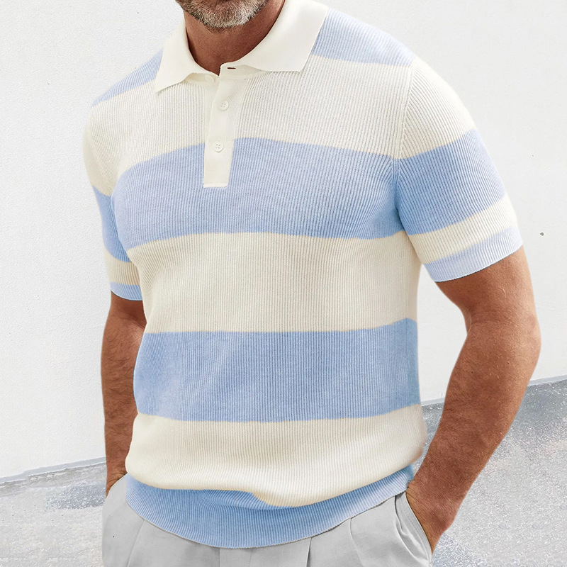 Men's Polos Summer T Shirt Fashion Stitch Striped Polo Shirt Men Formal Single Breasted Slim Shirts Mens Short Sleeve Lapel Pullover 230325