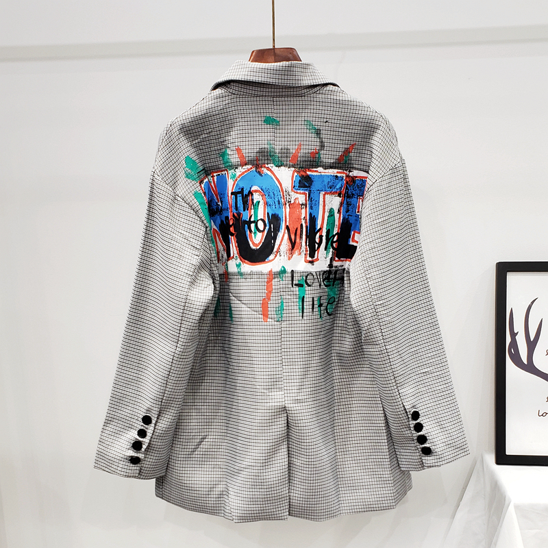 Women's Suits Blazers Autumn Fashion Plaid Blazer Women Letter Graffiti Print Outerwear Female Casual Jacket Chic Korean Coats 230325