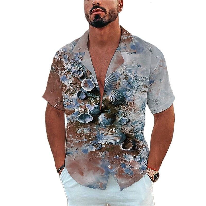 Mens Casual Shirts Marine Life Printing Tees Beach Vacation Style Hawaiian Fashion Lapel Single-Breasted Leisure Short SleeveTops