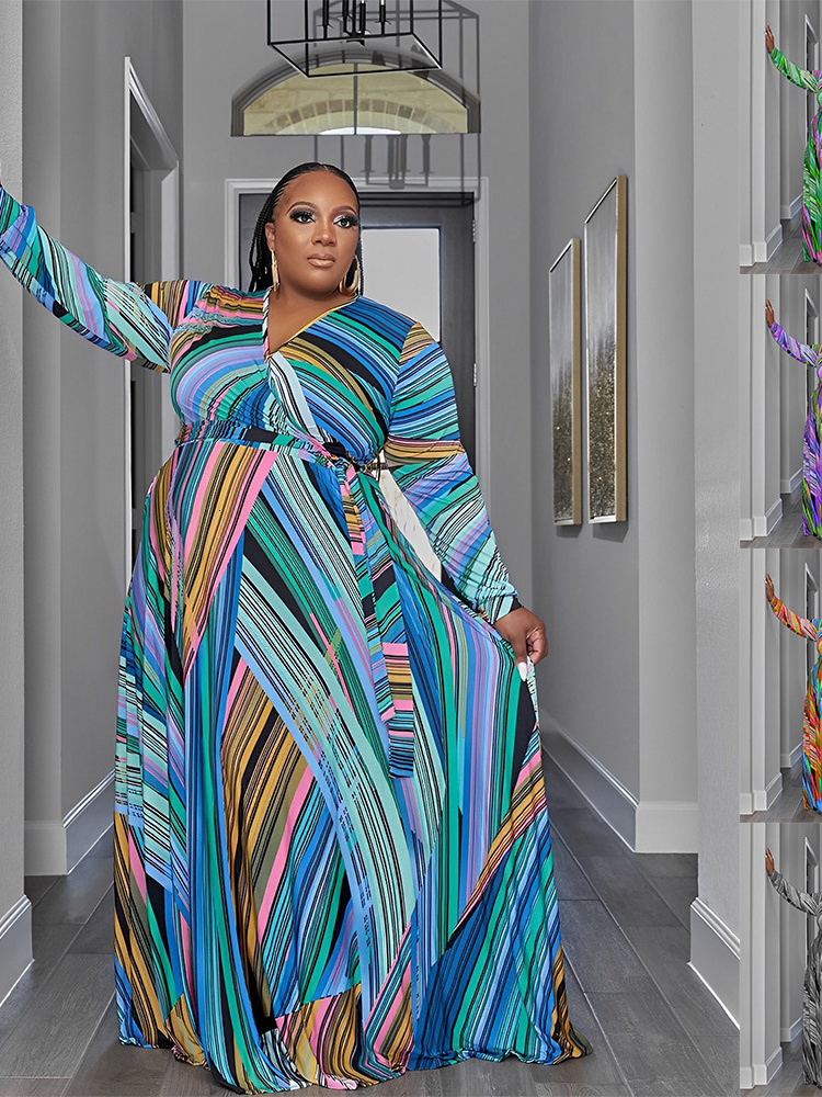 Stylish Plus Size V Neck Long Sleeve Tie Dye Print Maxi Dress Women Elegant And Comfortable Perfect For Any Ocn