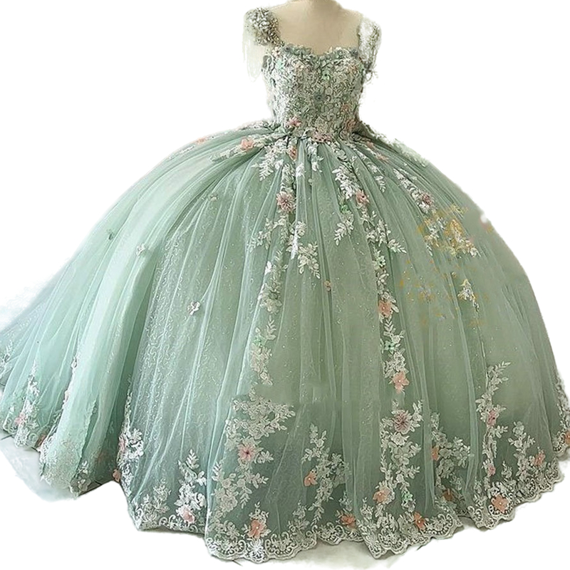 Mint Green 3D Floral Applique Quinceanera Dresses Straps Beaded Long Tulle Ball Gown Lace Princess Sweet 15 Special Dress Corset Party Prom Ball Gown 