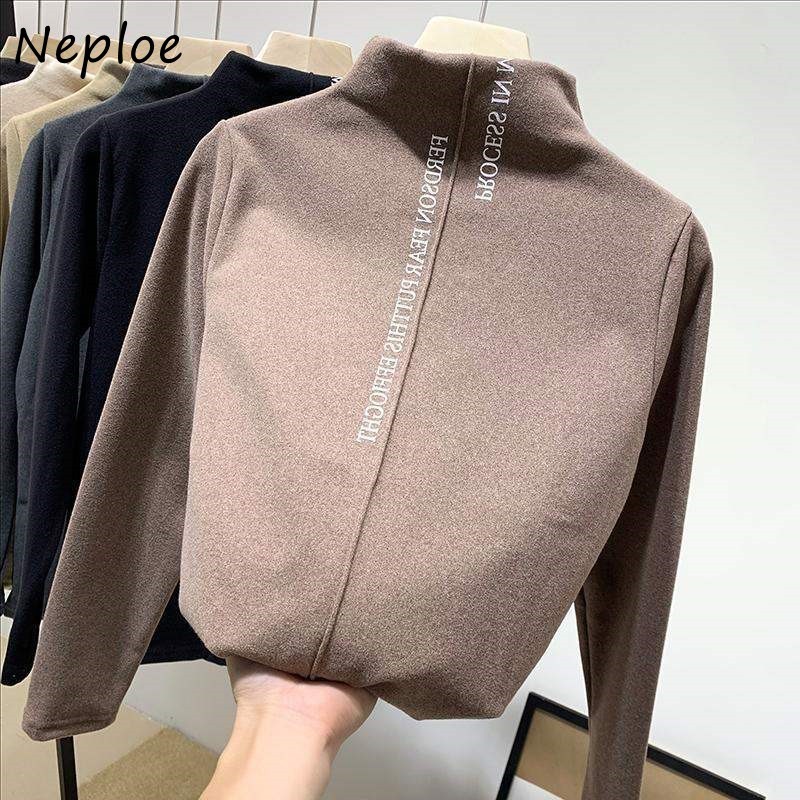 Women's T-Shirt Kuzuwata Warm Bottoming Woman Tshirts Autumn Half High Collar Tees Fashion German Velvet Long Sleeve T-shirt Women Top 230325