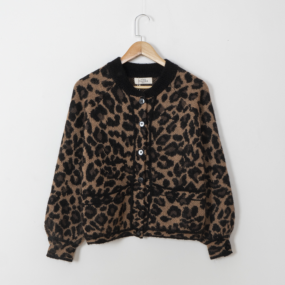 Women's Knits Tees Rowling Mirror Leopard Wool Blend Button Loose Cardigan Sweater Women Spring 2023 O Neck Full Sleeve Knit Female 230324